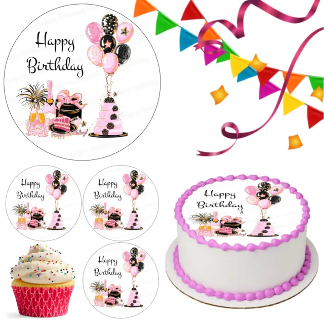 Happy Birthday Champagne Edible Cake Topper Party Decoration Celebration Cupcake