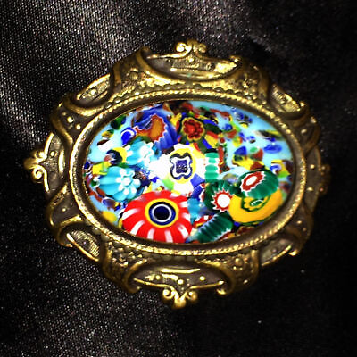 Vtg Milliefiori Glass Ornate Stamped Brass Brooch Pin Victorian Art Nouveau 2