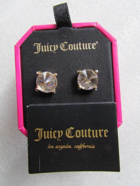 Juicy Couture Earrings E-Crystal Stud Rainbow Gold Tone Posts Crown Backings New