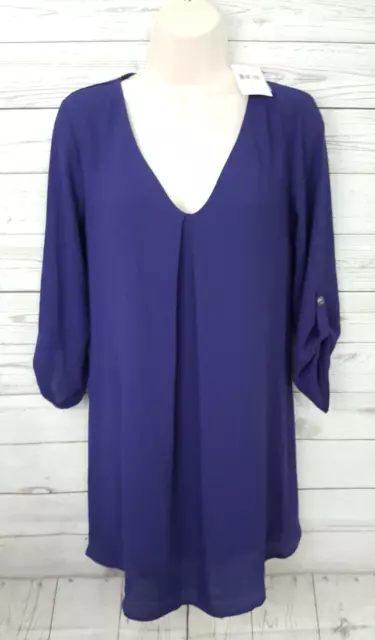 NWT Lush Womens Blouse Top Sz Small Astral Blue Roll-Tab Sleeve 100% Polyester