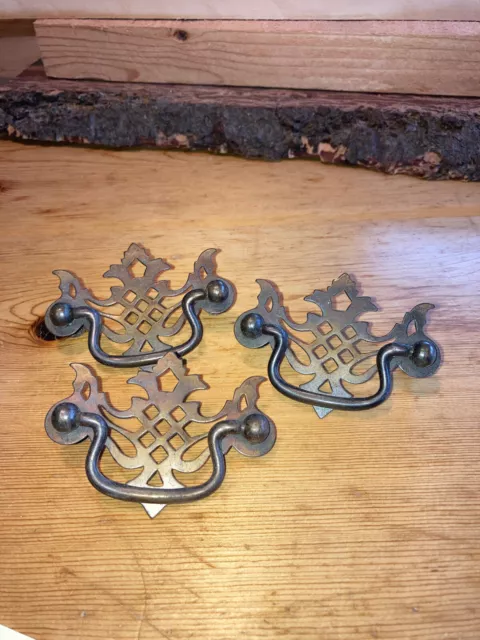 Set of 3 Chippendale Style Batwing Brass Drawer Pulls Fancy Design Relcaimed