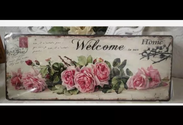 Targa di Latta Murale Roses Immagine Metallo Welcome Vintage Shabby Landhaus 2