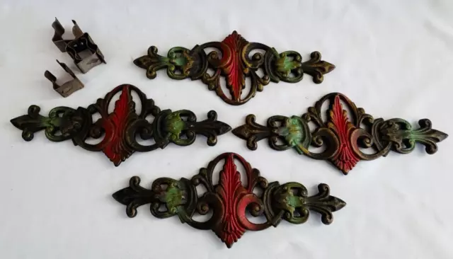 4 Antique Vintage Cast Iron Clip-On Curtain Drapery Rod Ornate Decor Accents