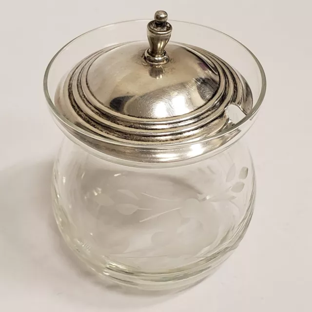Etched Glass Mustard Jam Relish Jar With Sterling Silver Lid