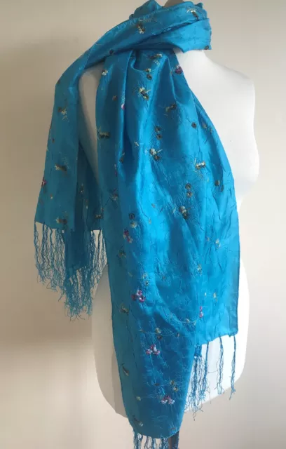 Blue floral embroidered wide scarf shawl Silk blend Fringed ends 25W 60L Party