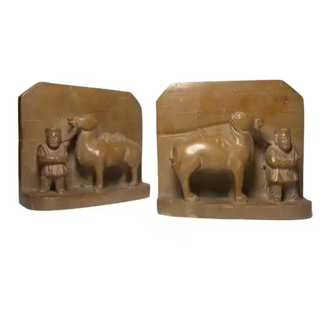 Vintage Carved Chinese Soapstone Bookends Camel Natural Stone