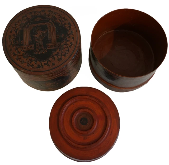 2 Burmese Asian Lacquer Hand Painted 3 Piece Betel Nut Boxes Antique 3