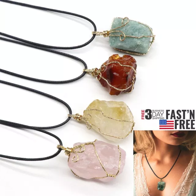 Gemstone Necklace with Chain Chakra Natural Stone Pendant Energy Healing Crystal