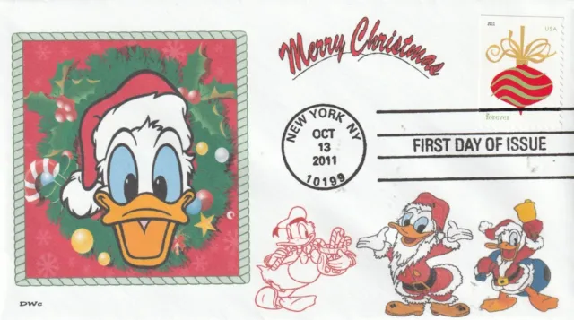 DONALD DUCK  CHRISTMAS  WREATH  SANTA   CANDY CANES      FDC- DWc CACHET