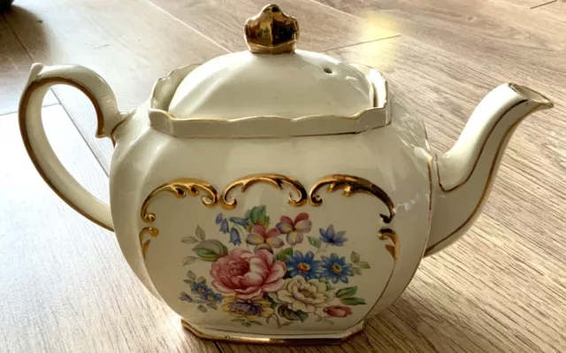 Vintage Sadler 2997 England Flower Rose Cube Gilt Full Size Teapot