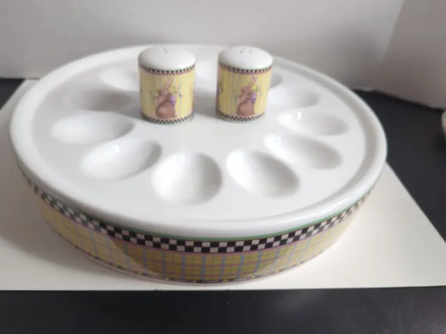 Sakura Mumm Hand painted Deviled Egg Plate With Salt And Pepper Set Bunnies