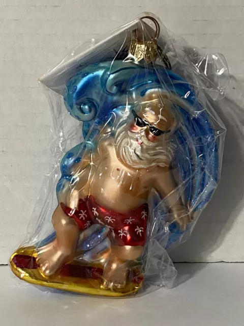 Christopher Radko Catch The Wave Ornament Surfing Santa New In Box Charm & Tag