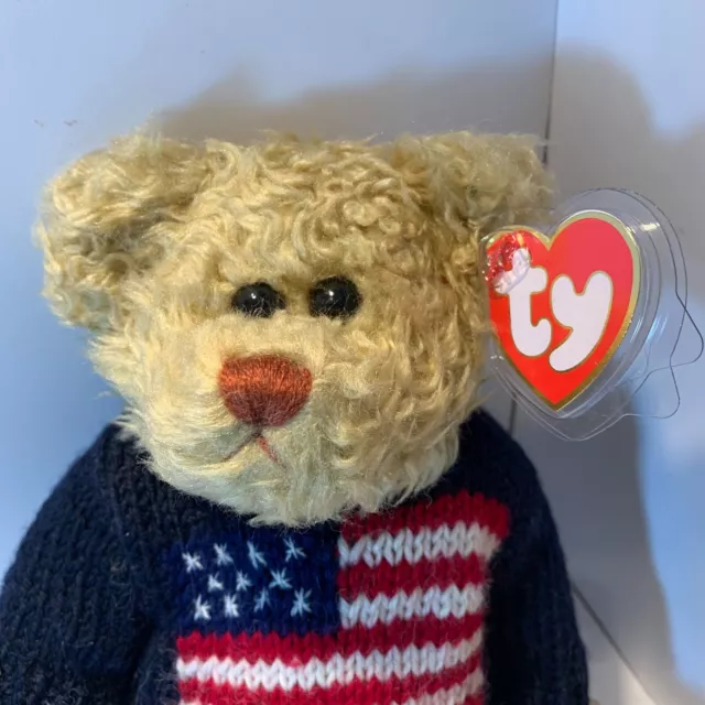 Ty Grant Attic Treasure Jointed Curly Teddy Bear USA Flag Jumper Toy Plush 2