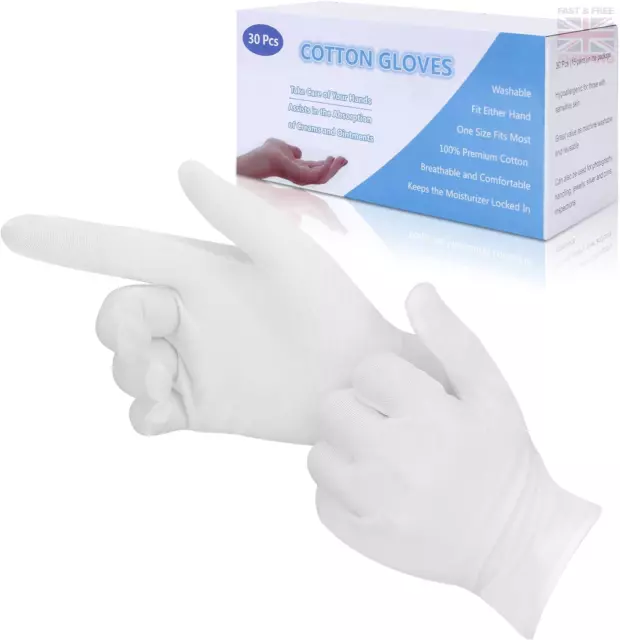 Cotton Gloves, 30 Pcs White Cotton Gloves for Eczema, Washable Shrink Resistant