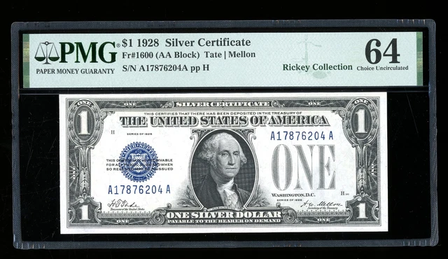DBR 1928 $1 Silver Fr. 1600 AA Block PMG 64 Serial A17876204A