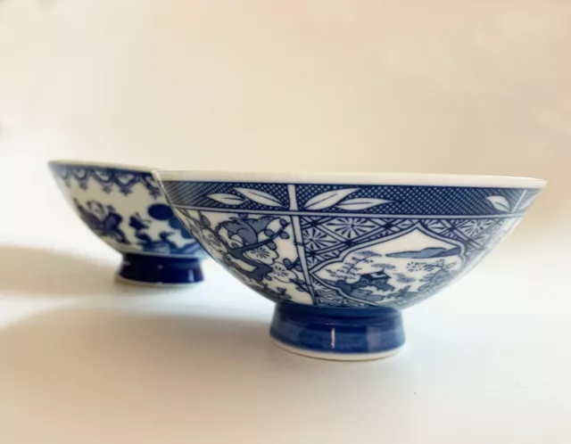 Two Vintage Chinese Rice Bowls in White & Blue