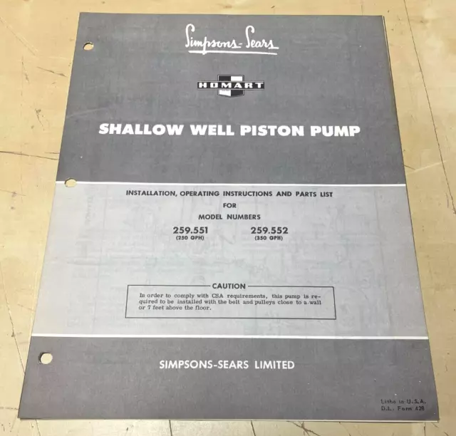 Vintage Sears Homart Shallow Well Piston Pump 259.551 552 Operating Instructions