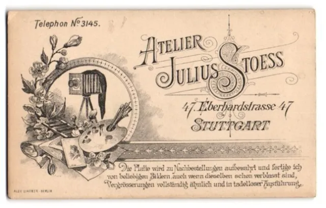 Fotografie Julius Stoess, Stuttgart, Eberhardstr. 47, Plattenkamera mit Malerpa