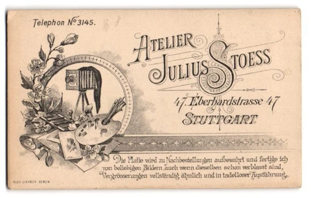 Fotografie Julius Stoess, Stuttgart, Eberhardstr. 47, Plattenkamera mit Malerpa