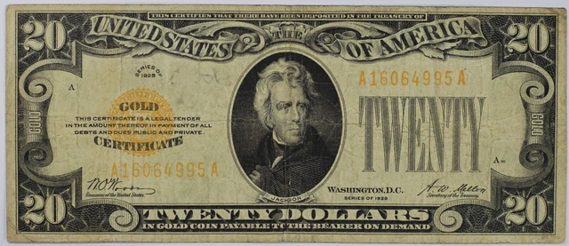 1928 $20 Gold Certificate.  Fine Condition