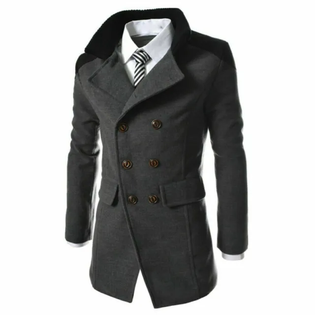 Mens Winter Warm Woolen Long Jacket Trench Coat Double Breasted Overcoat Outwear
