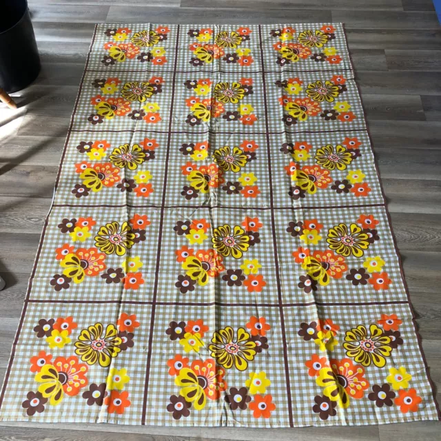 Vintage Tablecloth Brown Orange Check Floral 60s 70s Retro Fabric 78 x 52 in (W)