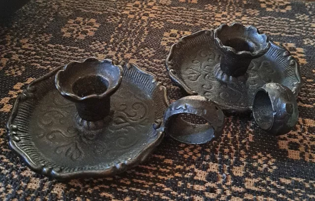Pair Cast Iron Finger Chamberstick Antique Prim Country Victorian Candleholders