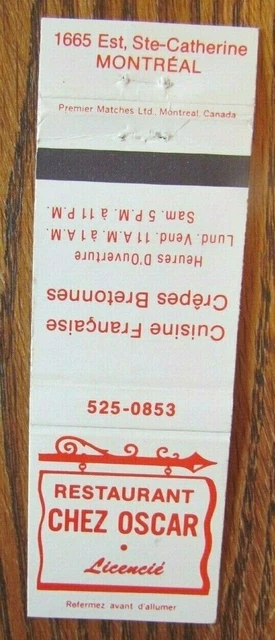 Brittany Creperie Restaurant Matchbook Cover: Chez Oscar (Montreal, Quebec) -E8