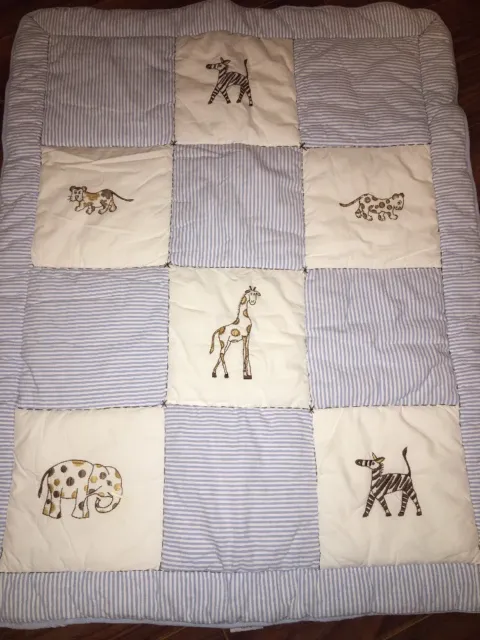 Quilted Patchwork Baby Blanket White Blue Stripes Jungle Animals Embroidered