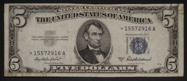 1953-A $5 ⭐STAR⭐ Silver Certificate Blue Seal Note Fr. 1656*