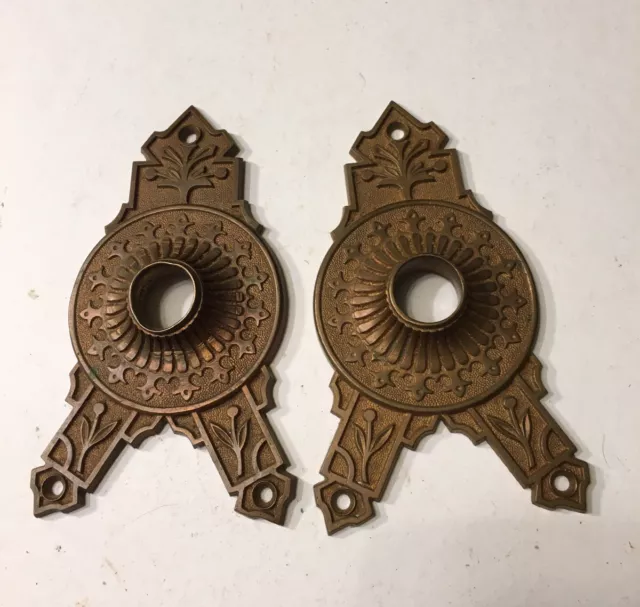 Set Of 2 Antique Victorian Eastlake Brass Door Keyhole Backplates Hardware # 1