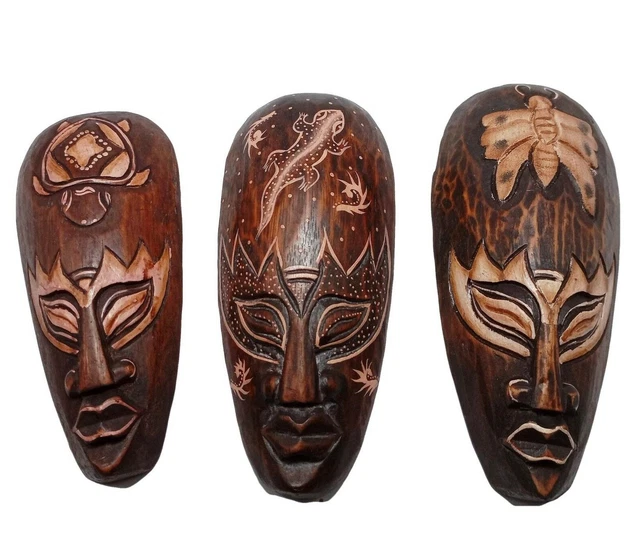 Turtle Lizard Butterfly Tribal African Wooden Mask Hanging  Wall Art Decore 8 in
