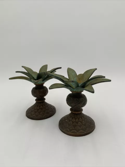 Vintage Regency Style Pair Of Brass Palm Tree Candlestick Holders Heavy Stunning