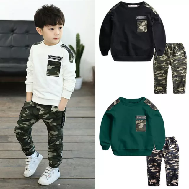 Fashion Boys Camouflage Tracksuit 2PCS Outfits Tops+Pants Kids Sports Clothes UK