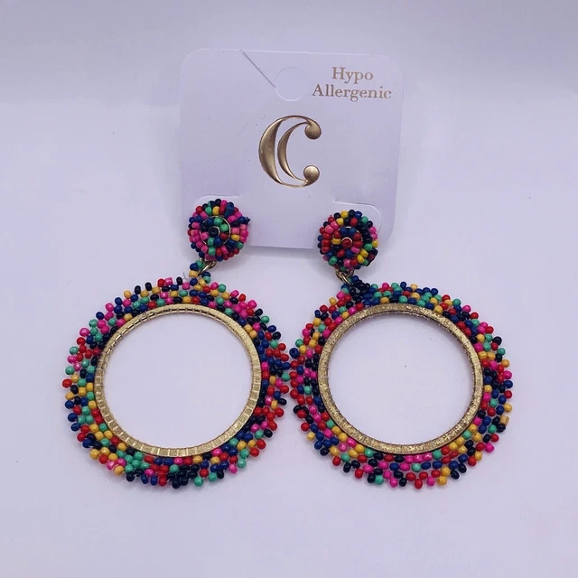 Charming Charlie Gold tone Multicolor Beaded Hoop Earrings Hypoallergenic 2.5"