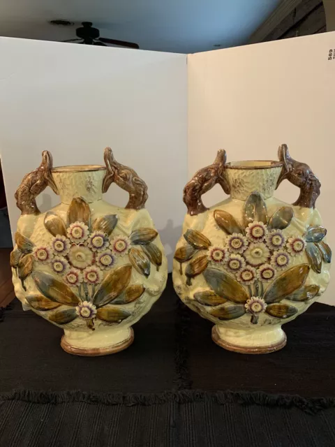 Pair Of Victorian Majolica Moon Flask Vase Antique Flowers Dragon Handles