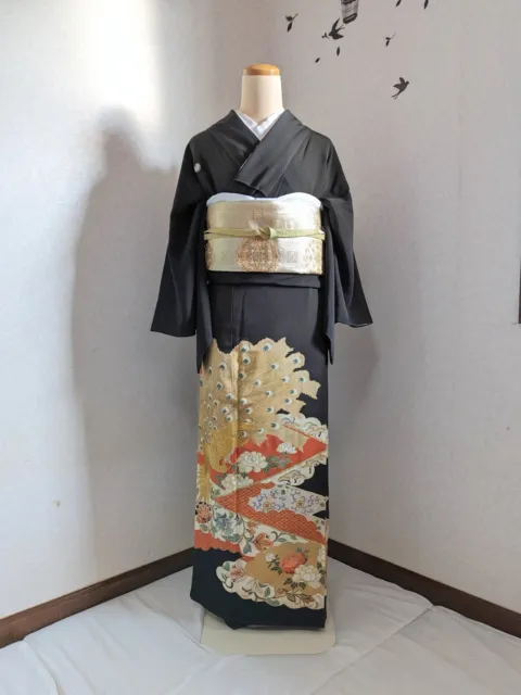 Japanese Kimono Tomesode Antique Silk Fabric Black Floral Peacock Kimono only