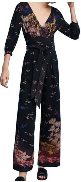Anthropologie Feather & Bone Nara Floral Black Multi Wide Leg Jumpsuit