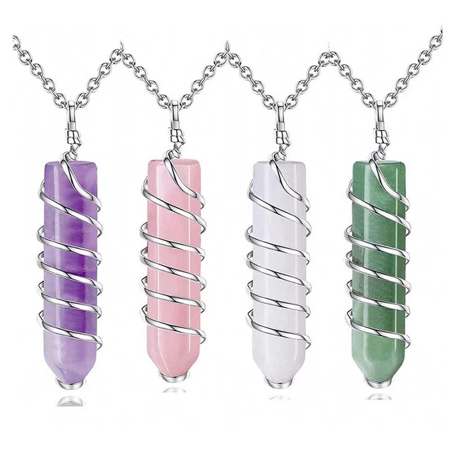 Natural Wire Wrapped Spiral Hexagon Prism Crystal Quartz Stone Pendant Necklace