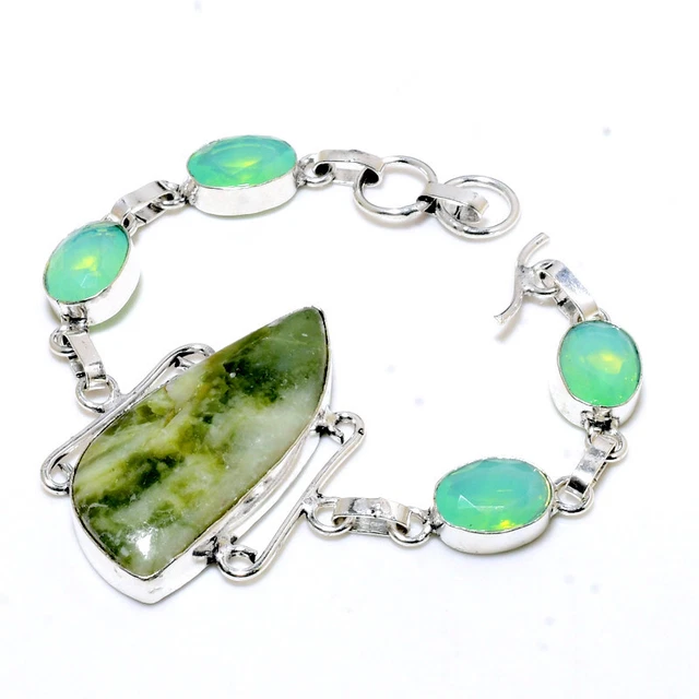 Swiss Green Opal, Fire Opal Gemstone Handmade Gift Jewelry Bracelet 7-8" d660