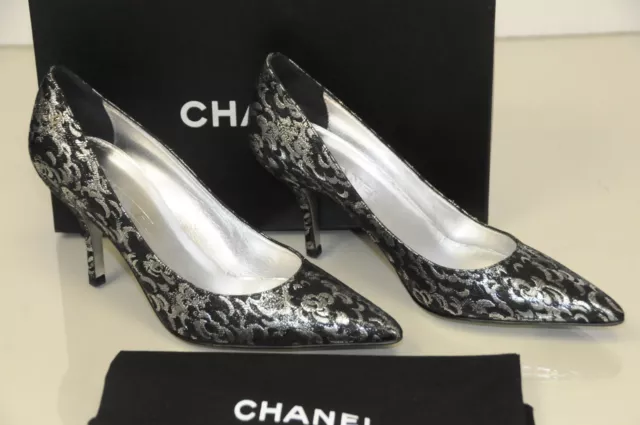 NEUF CHANEL NOIR Argent Brocart Pointu Tennis Chaussures Soir e