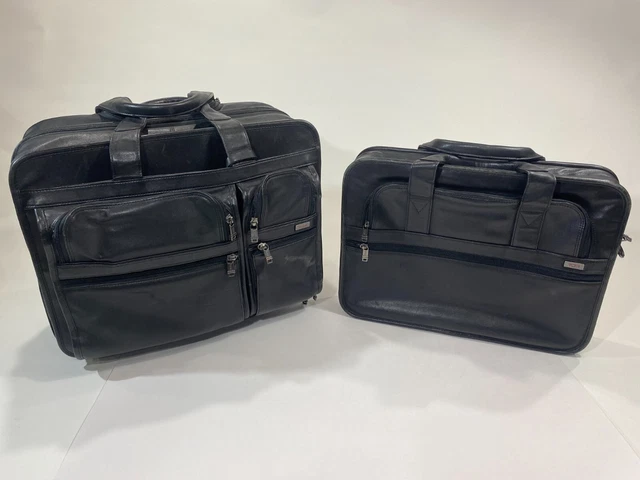 Tumi Black Leather Laptop Bag Alpha Wheeled Deluxe Briefcase Luggage