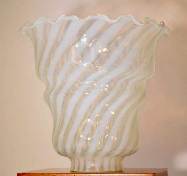Vintage Art Deco Swirl Opalescent Glass Ruffled Bell Shade - 2" Fitter - NICE!