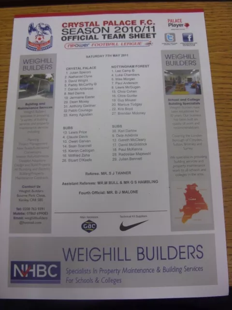 07/05/2011 Colour Teamsheet: Crystal Palace v Nottingham Forest (Folded).  Any f