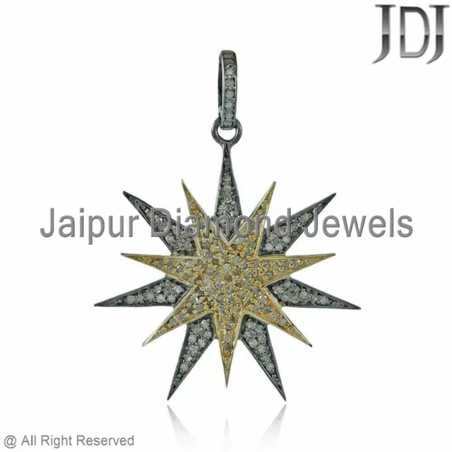 Natural Pave Diamond 925 Silver Gold Plated Starburst 18" Chain Pendant Jewelry
