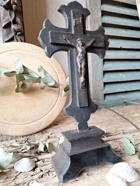 French Vintage Crucifix Black Wooden Cross Free Standing 32cm