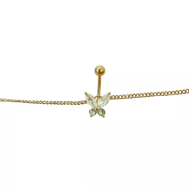 Belly Chain Button Navel Ring Gold Plated Waist with CZ Butterfly 14G