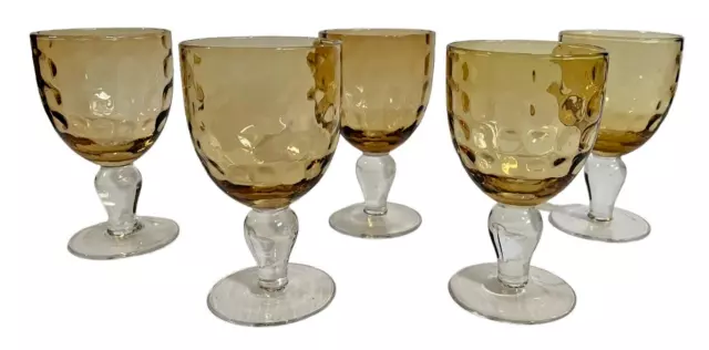 5 Wine Water Glasses Amber Clear Stem Thumbprint Honeycomb 6" MCM Vintage