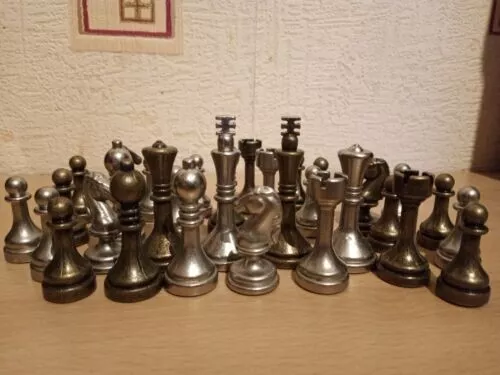 Complete 32 piece Metal chess pieces/ set,50mm king,vintage silver bronze colour