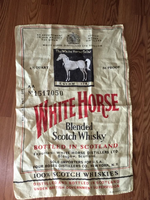 Vintage White Horse Blended Scotch Whiskey Bar Towel, Pure Irish Linen